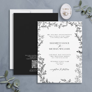 Invitación Código QR Clásico Formal Negro Blanco Floral Boda