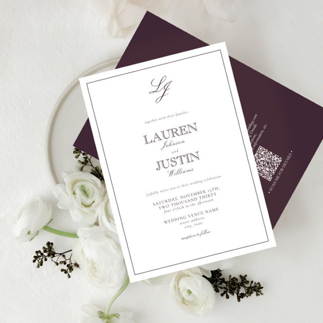 Invitación Código QR Clásico Pluma Púrpura Monograma Boda (Subido por el creador)