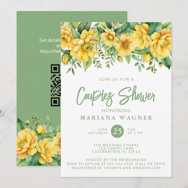 Invitación Código QR Código Amarillo Salvia Floral Ducha de P (Anverso / Reverso)