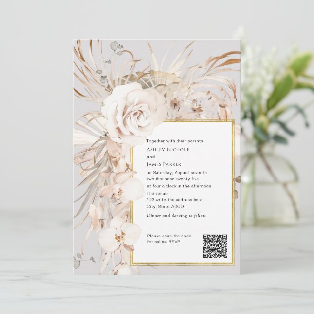 Invitación Código QR, color de agua beige elegante boda flora (Anverso de pie)