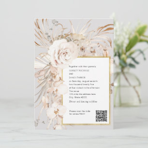 Invitación Código QR, color de agua beige elegante boda flora