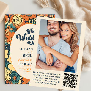 Invitación Código QR Colorido Groovy Retro Floral Boda de lo