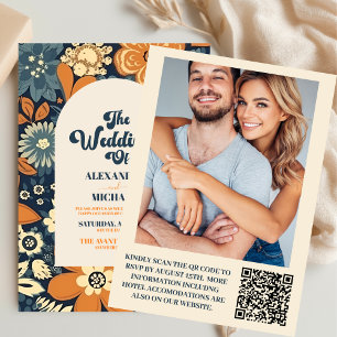 Invitación Código QR Colorido Groovy Retro Floral Boda de lo