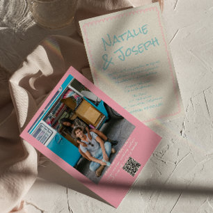 Invitación Código QR Colorido Pastel Foto Escrita a Mano Boda
