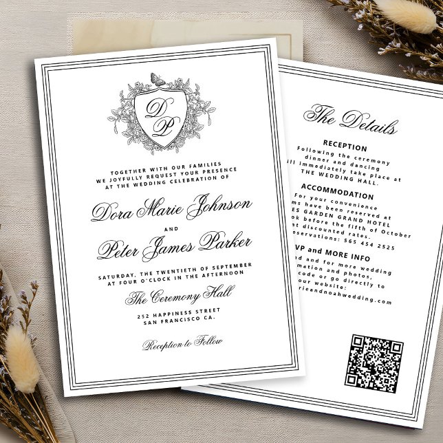 Invitación código QR cresta monograma boda blanco y negro (Subido por el creador)