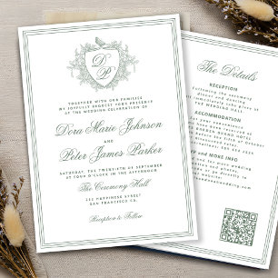 Invitación Código QR cresta monograma boda verde salvia
