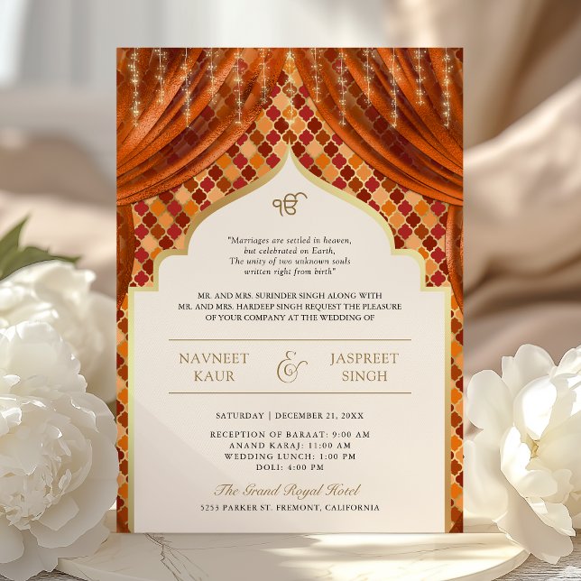Invitación Código QR Cuatrefoil de Oro Naranja Boda Sikh (Subido por el creador)