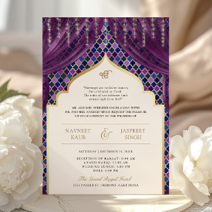 Invitación Código QR Cuatrefoil de Oro Púrpura Boda Sikh