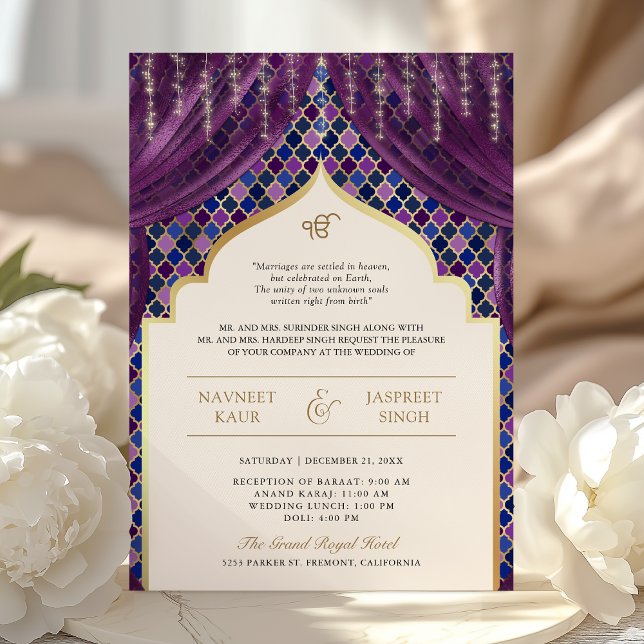 Invitación Código QR Cuatrefoil de Oro Púrpura Boda Sikh (Subido por el creador)