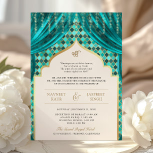 Invitación Código QR Cuatrefoil Dorado Teal para Boda Sikh
