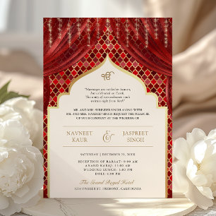 Invitación Código QR Cuatrefoil Rojo Oro Boda Sikh