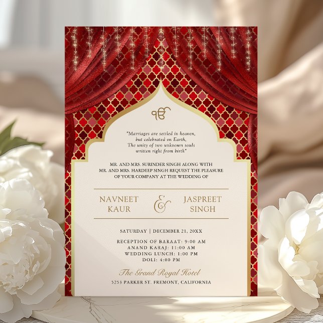 Invitación Código QR Cuatrefoil Rojo Oro Boda Sikh (Subido por el creador)