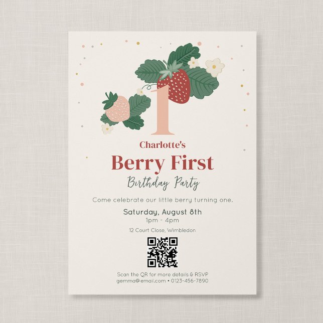 Invitación Código QR Cumpleaños Berry Primero Fresa Heirloom (Strawberry Garden - Berry First Birthday Invitation with QR Code)