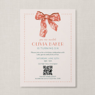 Invitación Código QR Cumpleaños Niñas Lazo Coquette Rosa