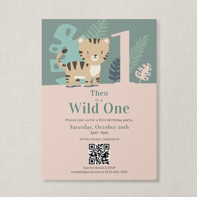 Invitación Código QR Cumpleaños Salvaje Uno Jungla Tigre (Tiny Tiger - Wild One Birthday Invitation with QR Code)