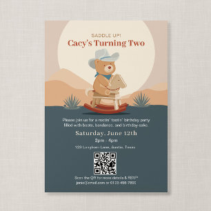 Invitación Código QR Cumpleaños Vaquero Oso de Peluche Saddle