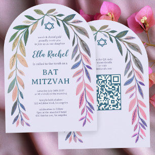 Invitación Código QR de Acuarela Botánica para Bar Mitzvah en