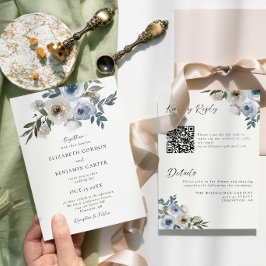 Invitación Código QR de Acuarela Elegante Floral Azul para Bo