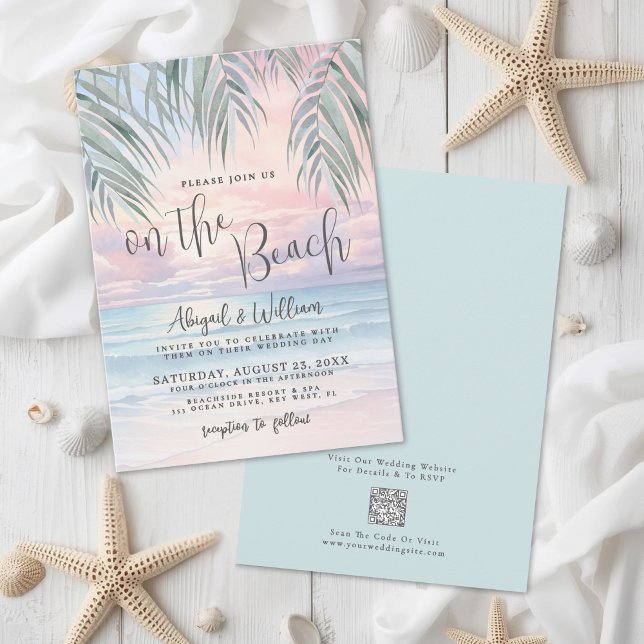 Invitación Código QR de Acuarela en la Boda de la Playa (Watercolor QR Code On The Beach Wedding Invitation)