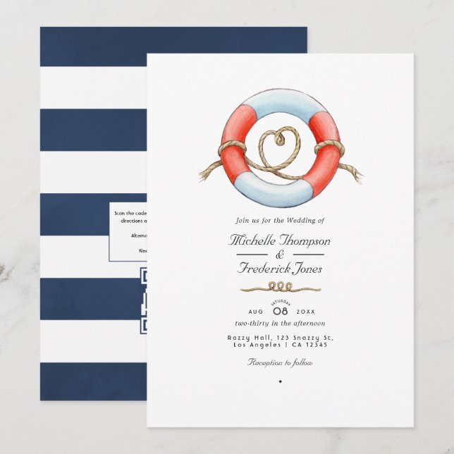 Invitación Código QR de acuarela RSVP Boda Náutica (Anverso / Reverso)