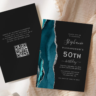 Invitación Código QR de Ágata Azul Teal Plateado Cumpleaños 5