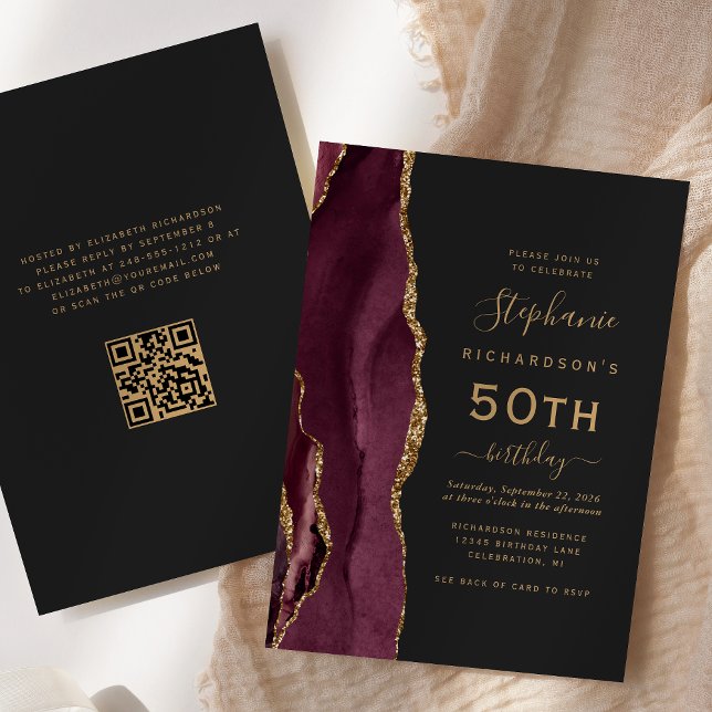 Invitación Código QR de Ágata Burgundy Gold para Cumpleaños 5 (Subido por el creador)