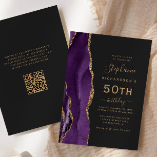 Invitación Código QR de Ágata Dorada Púrpura Cumpleaños 50