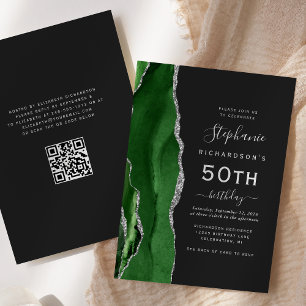 Invitación Código QR de Ágata Plateada Verde Cumpleaños 50