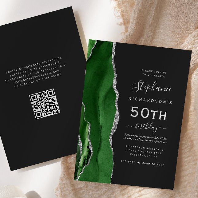 Invitación Código QR de Ágata Plateada Verde Cumpleaños 50 (Subido por el creador)