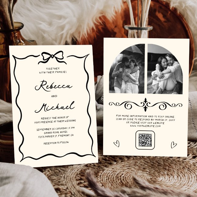 Invitación Código QR de Arco Dibujado a Mano Negro y Crema Fo (Subido por el creador)