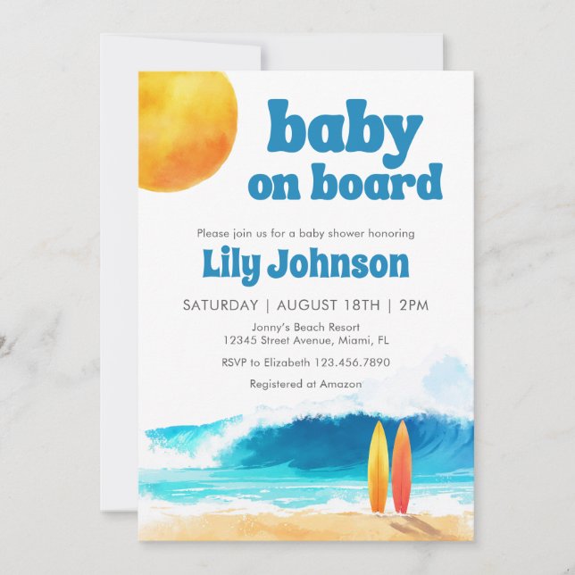 Invitación Código QR de Baby on Board Surf Beach Baby Shower (Anverso)