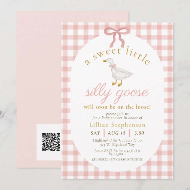 Invitación Código QR de Baby Shower de Silly Goose Blush Rosa (Anverso / Reverso)