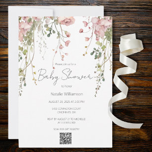 Invitación Código QR de Baby Shower Floral Rosa Delicada