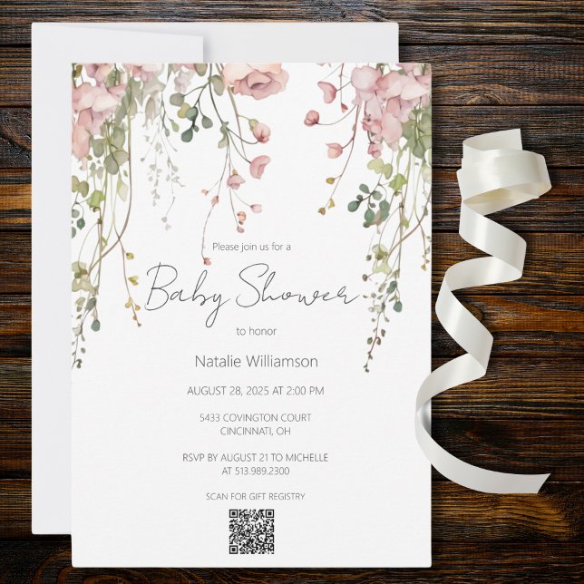 Invitación Código QR de Baby Shower Floral Rosa Delicada (Also available without QR code. )