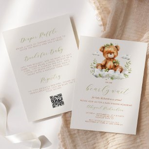 Invitación Código QR de Baby Shower Oso de Peluche Verde Neut