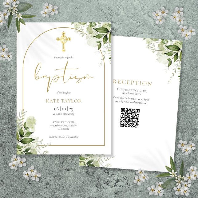 Invitación Código QR de bautizo floral de arco dorado elegant (Elegant Gold Arch Greenery Floral Baptism QR Code Invitation)