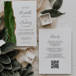 Invitación Código QR de Boda Ágata Dorada Verde Cazador Moder
