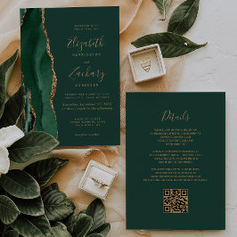 Invitación Código QR de Boda Ágata Dorada Verde Esmeralda