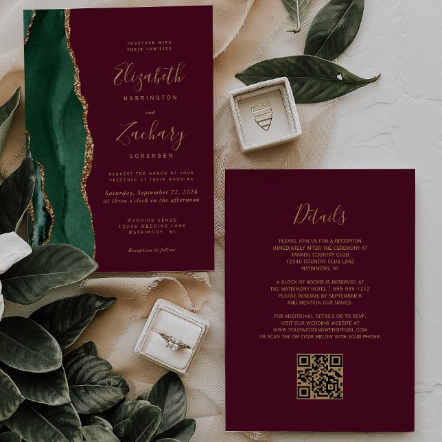 Invitación Código QR de Boda Ágata Dorada Verde Esmeralda Bur (Subido por el creador)