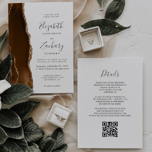 Invitación Código QR de Boda Ágata Marrón Mocha Dorado