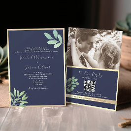 Invitación Código QR de Boda Azul Marino Botánico