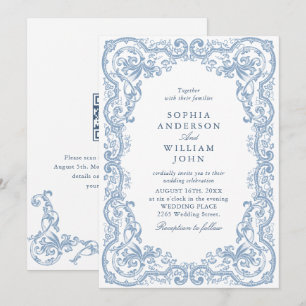 Invitación Código QR de boda azul polvo ornamentado del Renac