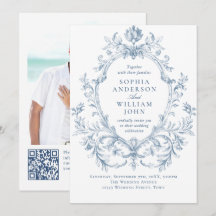 Código QR de boda azul polvoriento floral ornament
