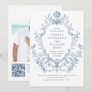 Invitación Código QR de boda azul polvoriento floral ornament
