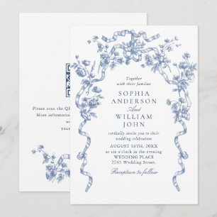 Invitación código QR de boda azul polvoriento floral ornament
