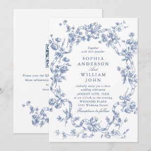 Invitación Código QR de boda azul polvoriento floral ornament