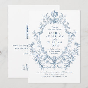 Invitación Código QR de boda azul polvoriento floral ornament
