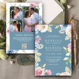 Invitación Código QR de Boda Azul Polvoriento Floral Suave Pr