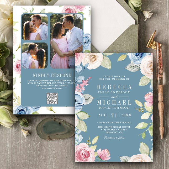 Invitación Código QR de Boda Azul Polvoriento Floral Suave Pr (Subido por el creador)