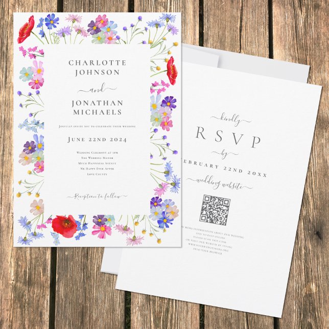 Invitación Código QR de Boda Boho Chic de Flores Silvestres C (Boho colorful watercolor wildflower elegant wedding invitation with rsvp qr code)